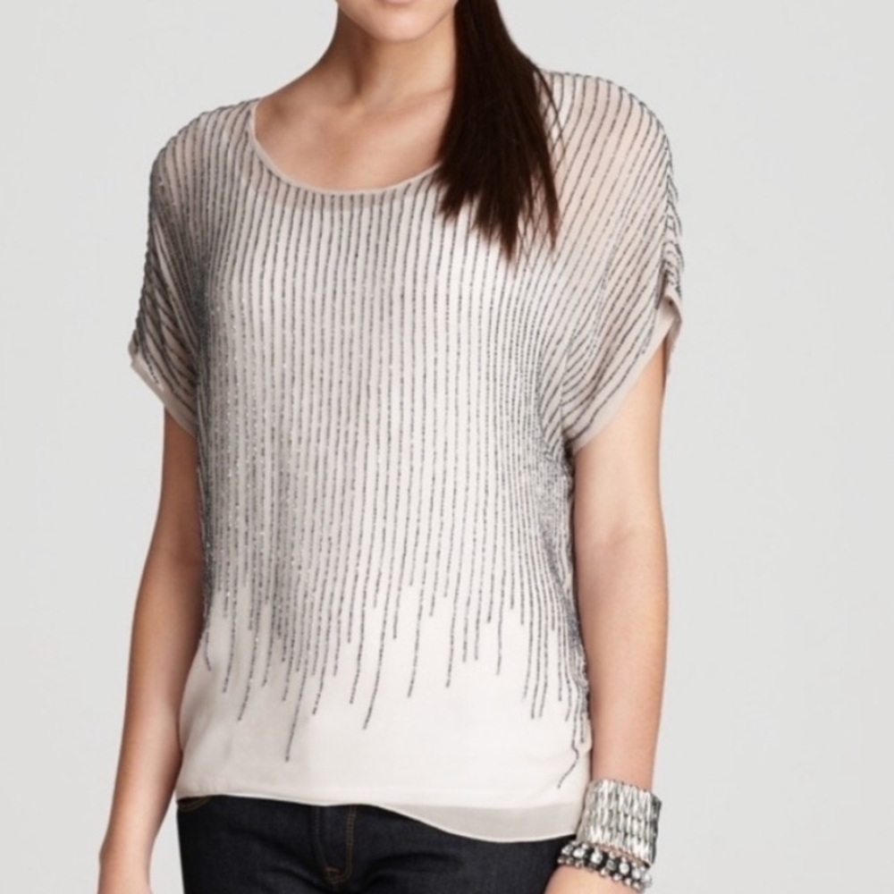 Jodie Silk light gray/Ivory Beaded Short Sleeve dolman batwing Blouse XS